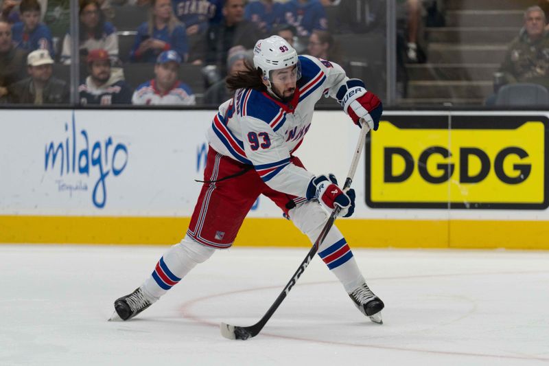 Jan 23, 2024; San Jose, California, USA; New York Rangers center Mika Zibanejad (93) shoots the puck during the first period against the San Jose Sharks at SAP Center at San Jose. Mandatory Credit: Stan Szeto-USA TODAY Sports