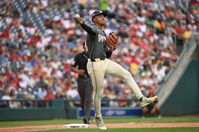 Aug 3, 2024; Washington, District of Columbia, USA; Washington Nationals third baseman Trey Lipscomb (38) attempts a throw to first base against the Milwaukee Brewers during the eighth inning at Nationals Park. Mandatory Credit: Rafael Suanes-USA TODAY Sports