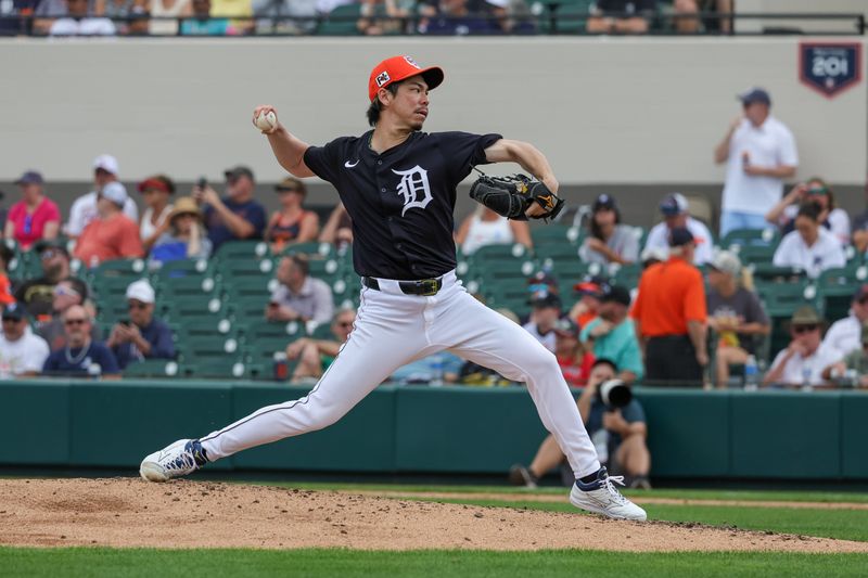 Feb 27, 2025; Lakeland, Florida, USA; Detroit Tigers pitcher Kenta Maeda (18) pitches during the second inning against the Boston Red Sox at Publix Field at Joker Marchant Stadium. Mandatory Credit: Mike Watters-Imagn Images