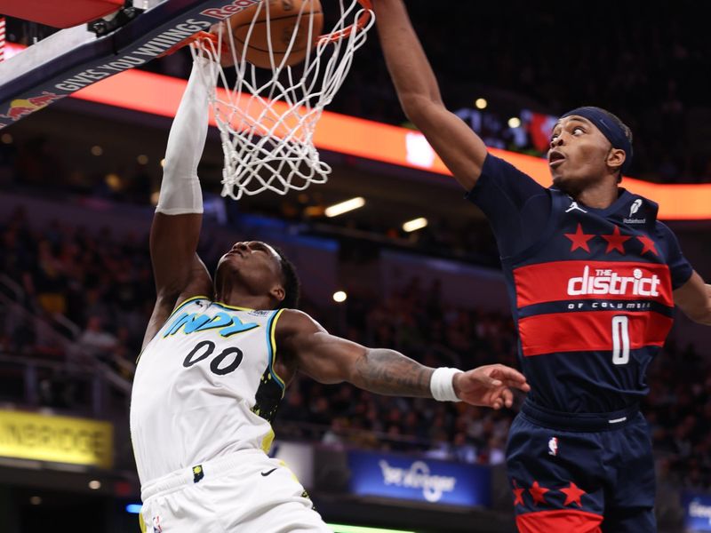 INDIANAPOLIS, IN - NOVEMBER 24: Bennedict Mathurin #00 of the Indiana Pacers dunks the ball during the game against the Washington Wizards on November 24, 2024 at Gainbridge Fieldhouse in Indianapolis, Indiana. NOTE TO USER: User expressly acknowledges and agrees that, by downloading and or using this Photograph, user is consenting to the terms and conditions of the Getty Images License Agreement. Mandatory Copyright Notice: Copyright 2024 NBAE (Photo by Pepper Robinson/NBAE via Getty Images)