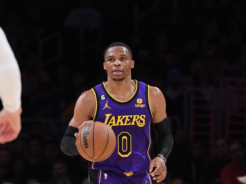 LOS ANGELES, CA - NOVEMBER 4: Russell Westbrook #0 of the Los Angeles Lakers dribbles the ball during the game against the Utah Jazz on November 4, 2022 at Crypto.Com Arena in Los Angeles, California. NOTE TO USER: User expressly acknowledges and agrees that, by downloading and/or using this Photograph, user is consenting to the terms and conditions of the Getty Images License Agreement. Mandatory Copyright Notice: Copyright 2022 NBAE (Photo by Juan Ocampo/NBAE via Getty Images)