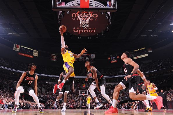 PORTLAND, OR - NOVEMBER 17: LeBron James #23 of the Los Angeles Lakers drives to the basket during the game against the Portland Trail Blazers during the In-Season Tournament on November 17, 2023 at the Moda Center Arena in Portland, Oregon. NOTE TO USER: User expressly acknowledges and agrees that, by downloading and or using this photograph, user is consenting to the terms and conditions of the Getty Images License Agreement. Mandatory Copyright Notice: Copyright 2023 NBAE (Photo by Cameron Browne/NBAE via Getty Images)