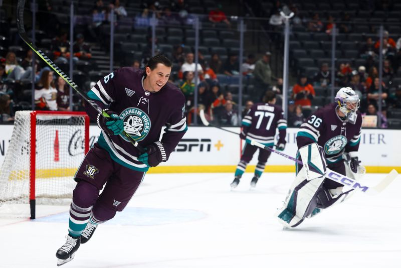 Mar 19, 2024; Anaheim, California, USA; Anaheim Ducks center Ryan Strome (16) reacts before a game against the Minnesota Wild at Honda Center. Mandatory Credit: Jessica Alcheh-USA TODAY Sports