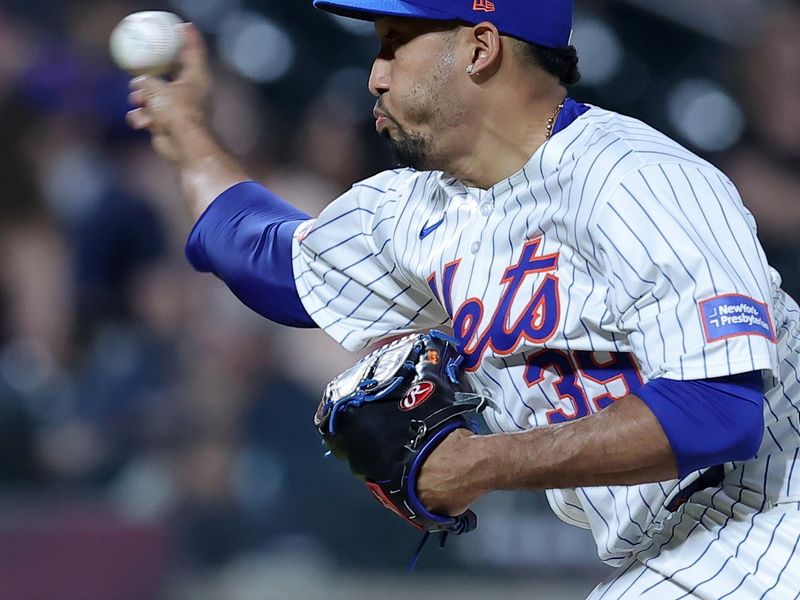 Jun 13, 2024; New York City, New York, USA; New York Mets relief pitcher Edwin Diaz (39) pitches against the Miami Marlins during the ninth inning at Citi Field. Mandatory Credit: Brad Penner-USA TODAY Sports