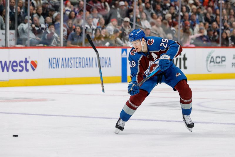 Jan 26, 2024; Denver, Colorado, USA; Colorado Avalanche center Nathan MacKinnon (29) breaks his stick on a shot in the second period against the Los Angeles Kings at Ball Arena. Mandatory Credit: Isaiah J. Downing-USA TODAY Sports