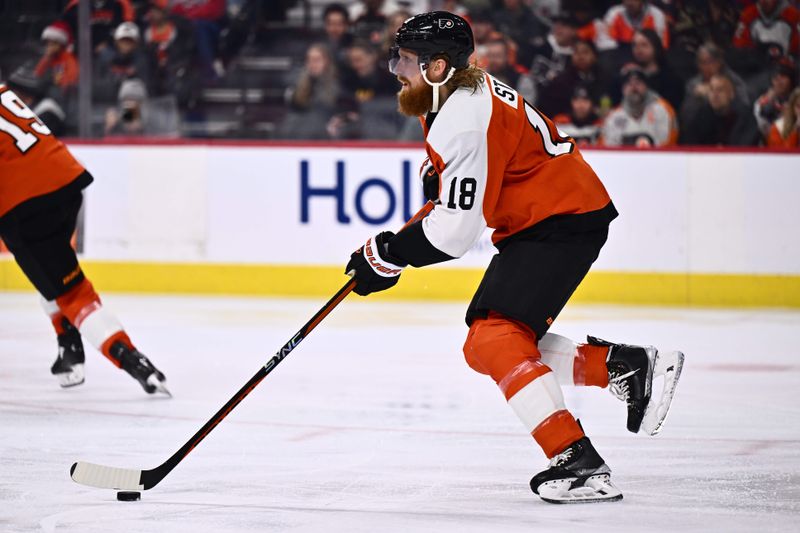 Dec 14, 2023; Philadelphia, Pennsylvania, USA; Philadelphia Flyers defenseman Marc Staal (18) controls the puck against the Washington Capitals in the second period at Wells Fargo Center. Mandatory Credit: Kyle Ross-USA TODAY Sports