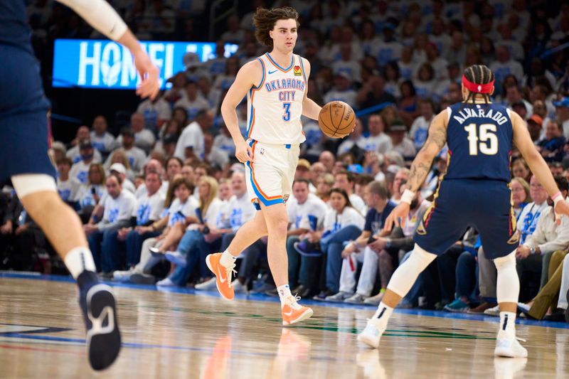 OKLAHOMA CITY, OKLAHOMA - APRIL 21: Josh Giddey #3 of the Oklahoma City Thunder brings the ball up court against the New Orleans Pelicans in game one of the Western Conference First Round Playoffs at the Paycom Center on April 21, 2024 in Oklahoma City, Oklahoma. NOTE TO USER: User expressly acknowledges and agrees that, by downloading and or using this photograph, User is consenting to the terms and conditions of the Getty Images License Agreement.  (Photo by Cooper Neill/Getty Images)