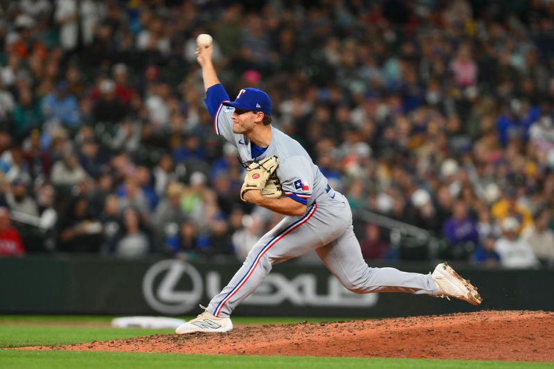 Sep 14, 2024; Seattle, Washington, USA; Texas Rangers starting pitcher Jack Leiter (35) pitches to the Seattle Mariners during the fifth inning at T-Mobile Park. Mandatory Credit: Steven Bisig-Imagn Images