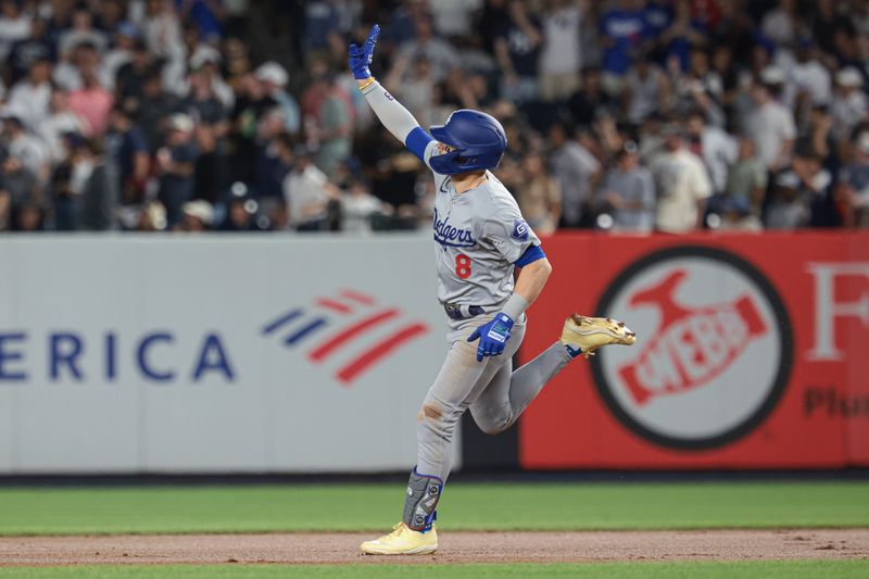 Jun 8, 2024; Bronx, New York, USA; Los Angeles Dodgers third baseman Enrique Hernandez (8) rounds the bases after his solo home run during the fifth inning against the New York Yankees at Yankee Stadium. Mandatory Credit: Vincent Carchietta-USA TODAY Sports