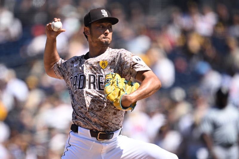 Sep 22, 2024; San Diego, California, USA; San Diego Padres starting pitcher Yu Darvish (11) pitches against the Chicago White Sox during the first inning at Petco Park. Mandatory Credit: Orlando Ramirez-Imagn Images