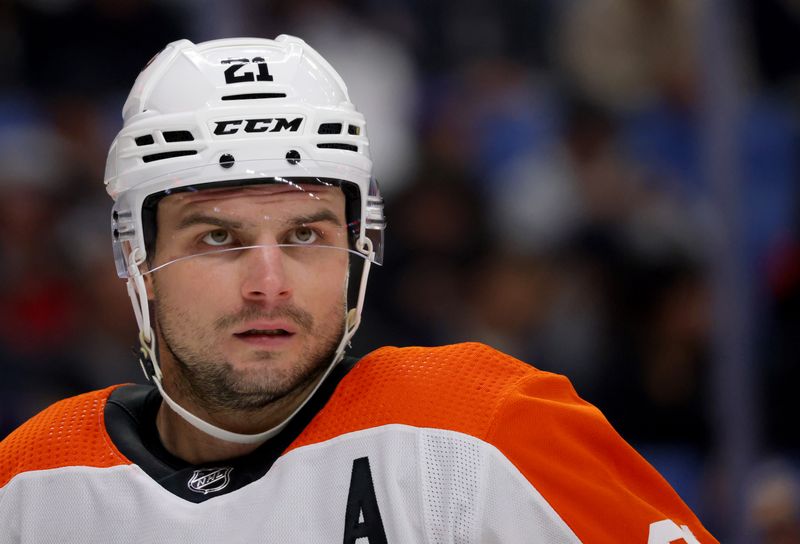 Nov 3, 2023; Buffalo, New York, USA;  Philadelphia Flyers center Scott Laughton (21) during a stoppage in play against the Buffalo Sabres during the second period at KeyBank Center. Mandatory Credit: Timothy T. Ludwig-USA TODAY Sports