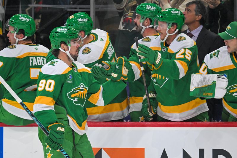 Oct 25, 2025; Saint Paul, Minnesota, USA;  Minnesota Wild forward Marcus Johansson (90) celebrates his goal against the Utah Mammoth during the first period at Grand Casino Arena. Mandatory Credit: Nick Wosika-Imagn Images