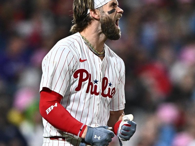 May 5, 2024; Philadelphia, Pennsylvania, USA; Philadelphia Phillies first baseman Bryce Harper (3) reacts after striking out against the San Francisco Giants in the sixth inning at Citizens Bank Park. Mandatory Credit: Kyle Ross-USA TODAY Sports