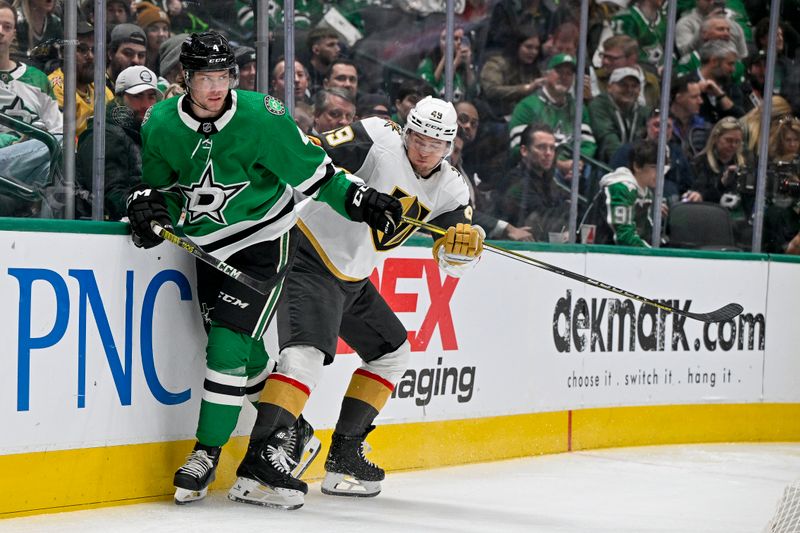 Dec 9, 2023; Dallas, Texas, USA; Dallas Stars defenseman Miro Heiskanen (4) and Vegas Golden Knights center Ivan Barbashev (49) chase the puck during the first period at the American Airlines Center. Mandatory Credit: Jerome Miron-USA TODAY Sports