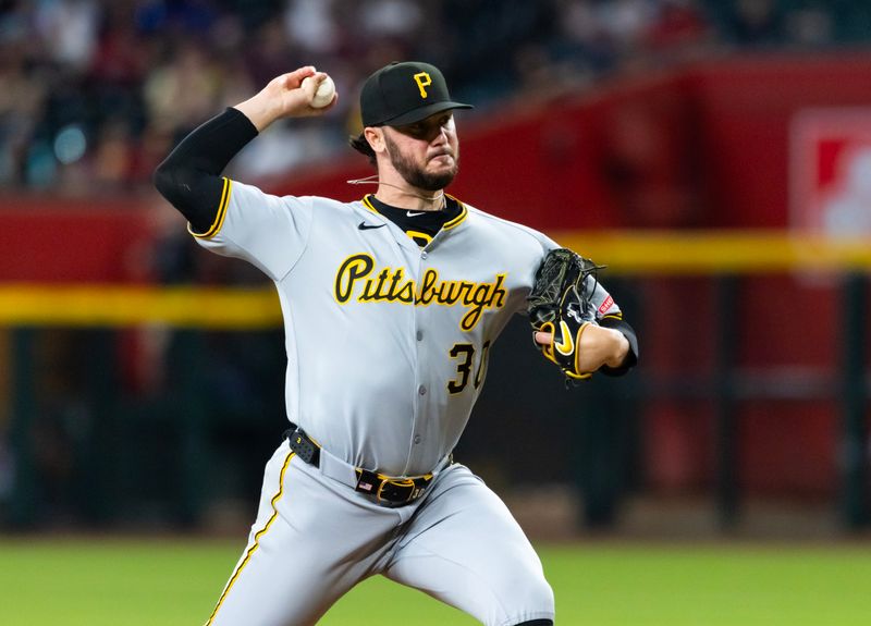 May 28, 2025; Phoenix, Arizona, USA; Pittsburgh Pirates pitcher Paul Skenes against the Arizona Diamondbacks in the first inning at Chase Field. Mandatory Credit: Mark J. Rebilas-Imagn Images