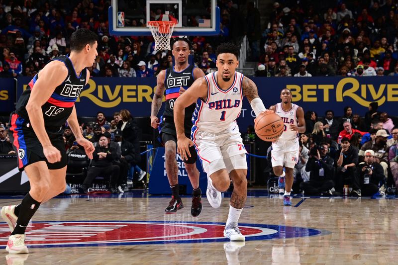 DETROIT, MI - NOVEMBER 30: KJ Martin #1 of the Philadelphia 76ers handles the ball during the game against the Detroit Pistons on November 30, 2024 at Little Caesars Arena in Detroit, Michigan. NOTE TO USER: User expressly acknowledges and agrees that, by downloading and/or using this photograph, User is consenting to the terms and conditions of the Getty Images License Agreement. Mandatory Copyright Notice: Copyright 2024 NBAE (Photo by Chris Schwegler/NBAE via Getty Images)