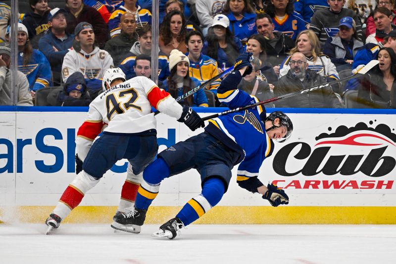 Jan 9, 2024; St. Louis, Missouri, USA;  Florida Panthers defenseman Gustav Forsling (42) checks St. Louis Blues left wing Jake Neighbours (63) during the second period at Enterprise Center. Mandatory Credit: Jeff Curry-USA TODAY Sports