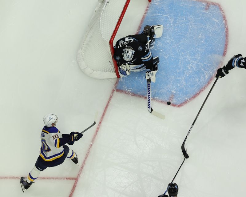 Sep 22, 2024; Des Moines, Iowa, USA; St. Louis Blues center Brayden Schenn (10) gets the assist on the Blues goal against the Utah Hockey Club at Wells Fargo Arena. Mandatory Credit: Reese Strickland-Imagn Images

