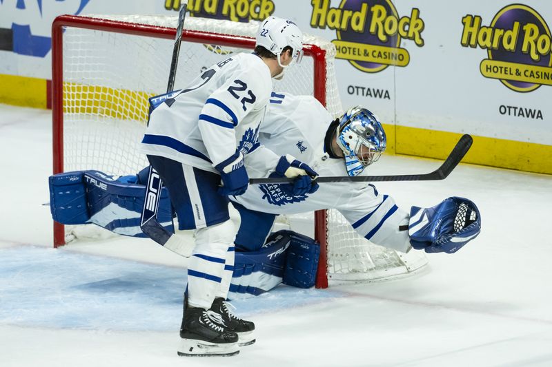 Apr 26, 2025; Ottawa, Ontario, CAN; Toronto Maple Leafs goalie Anthony Stolarz (41) makes a save in the third period against the Ottawa Senators in game four of the first round of the 2025 Stanley Cup Playoffs at Canadian Tire Centre. Mandatory Credit: Marc DesRosiers-Imagn Images