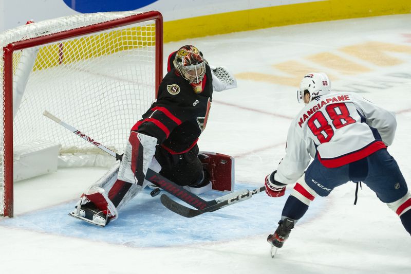 Jan 16, 2025; Ottawa, Ontario, CAN; Ottawa Senators goalie Leevi Merilainen (1) makes a save on a shot from Washington Capitals left wing Andrew Mangiapane (88) in the third period at the Canadian Tire Centre. Mandatory Credit: Marc DesRosiers-Imagn Images