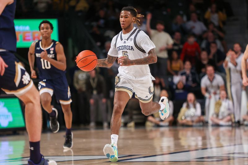 Feb 8, 2023; Atlanta, Georgia, USA; Georgia Tech Yellow Jackets guard Deivon Smith (5) dribbles against the Notre Dame Fighting Irish in the second half at McCamish Pavilion. Mandatory Credit: Brett Davis-USA TODAY Sports