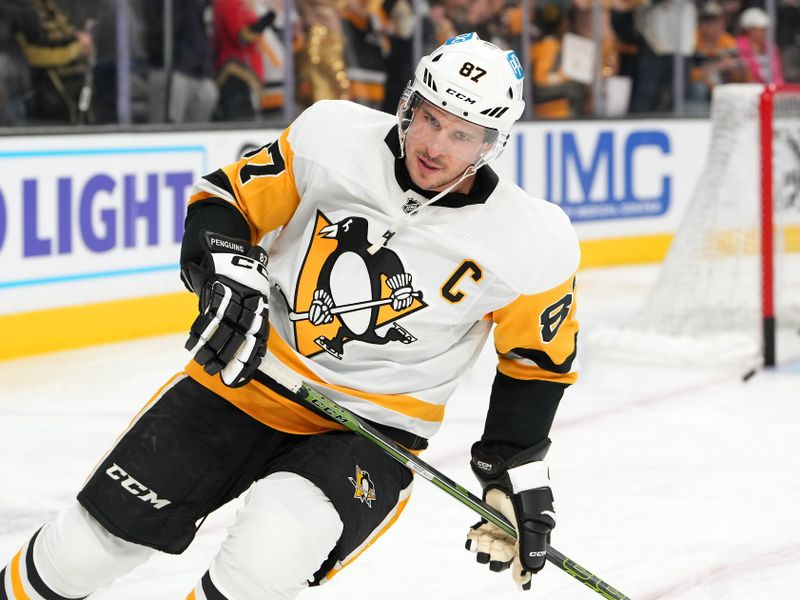 Jan 5, 2023; Las Vegas, Nevada, USA; Pittsburgh Penguins center Sidney Crosby (87) warms up before a game against the Vegas Golden Knights at T-Mobile Arena. Mandatory Credit: Stephen R. Sylvanie-USA TODAY Sports