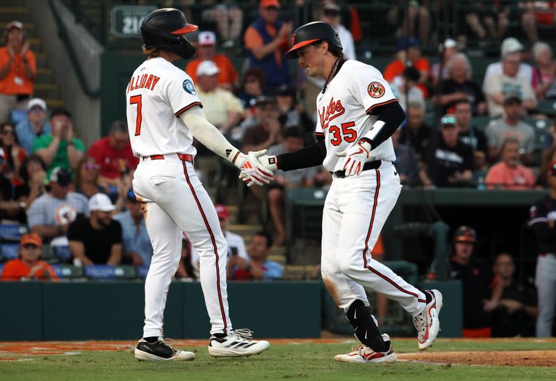 Mar 14, 2025; Sarasota, Florida, USA;  Baltimore Orioles catcher Adley Rutschman (35) is congratulated by second base Jackson Holliday (7) after he hit a 2-run home run during the fourth inning against the Minnesota Twins at Ed Smith Stadium. Mandatory Credit: Kim Klement Neitzel-Imagn Images