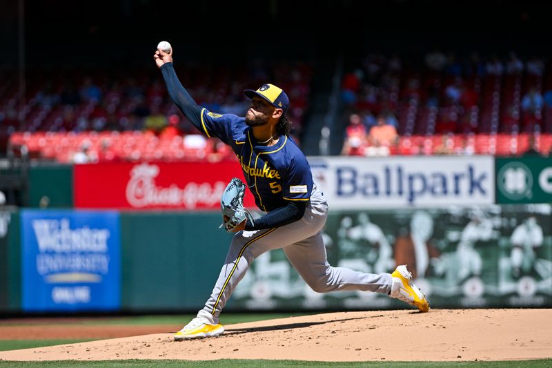 Aug 22, 2024; St. Louis, Missouri, USA;  Milwaukee Brewers starting pitcher Freddy Peralta (51) pitches against the St. Louis Cardinals during the first inning at Busch Stadium. Mandatory Credit: Jeff Curry-USA TODAY Sports