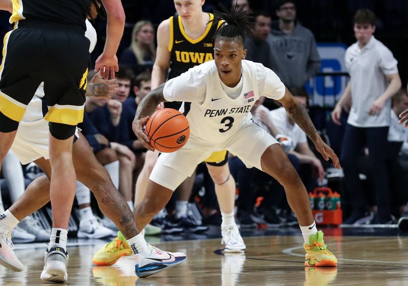 Feb 8, 2024; University Park, Pennsylvania, USA; Penn State Nittany Lions guard Nick Kern Jr (3) steals the ball during the first half against the Iowa Hawkeyes at Bryce Jordan Center. Penn State defeated Iowa 89-79. Mandatory Credit: Matthew O'Haren-USA TODAY Sports