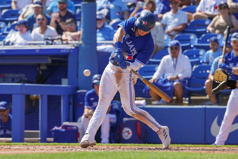 Feb 28, 2023; Dunedin, Florida, USA; Toronto Blue Jays right fielder Cavan Biggio (8) bats during the third inning against the Detroit Tigers at TD Ballpark. Mandatory Credit: Mike Watters-USA TODAY Sports