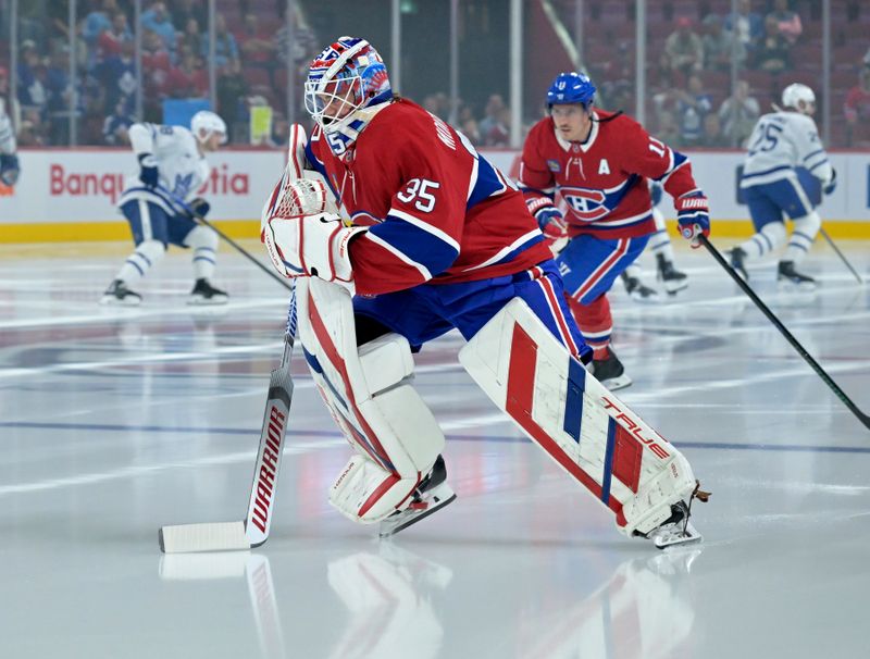Oct 9, 2024; Montreal, Quebec, CAN; Montreal Canadiens goalie Sam Montembeault (35) skates during the warmup period before the game against the Toronto Maple Leafs at the Bell Centre. Mandatory Credit: Eric Bolte-Imagn Images