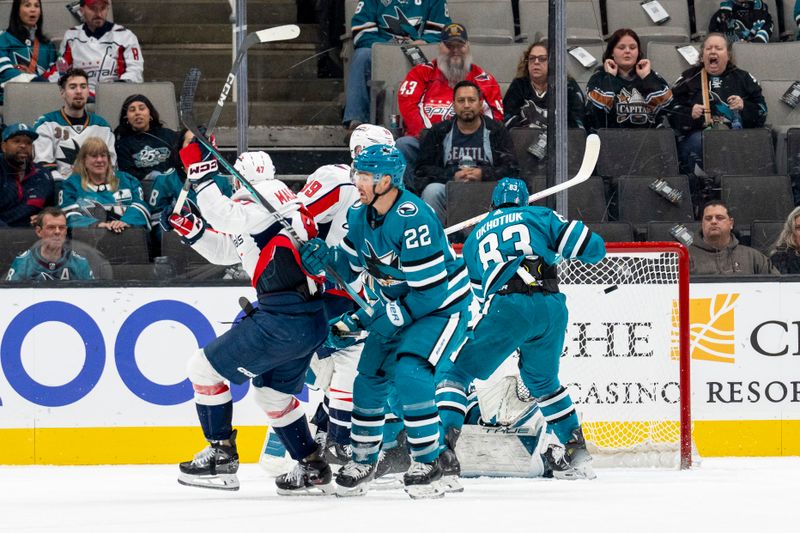 Nov 27, 2023; San Jose, California, USA; Washington Capitals left wing Beck Malenstyn (47) and Washington Capitals right wing Anthony Mantha (39) celebrate after the goal by Washington Capitals center Evgeny Kuznetsov (92) against San Jose Sharks goaltender Mackenzie Blackwood (29) during the second period at SAP Center at San Jose. Mandatory Credit: Neville E. Guard-USA TODAY Sports