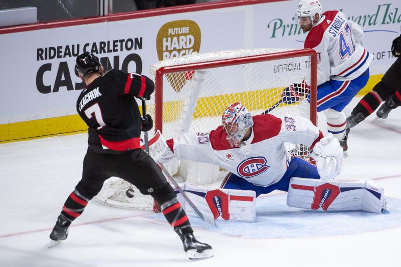 Apr 13, 2024; Ottawa, Ontario, CAN; Montreal Canadiens goalie Cayden Primeau (30) makes a save on a shot from Ottawa Senators left wing Brady Tkachuk (7) in the third period at the Canadian Tire Centre. Mandatory Credit: Marc DesRosiers-USA TODAY Sports