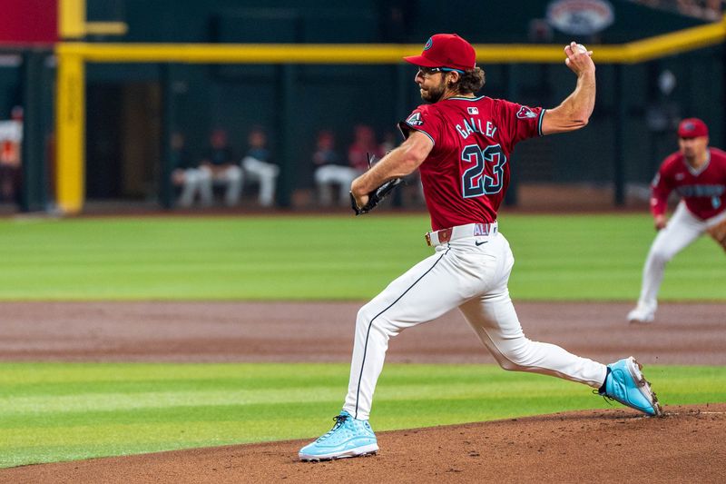 Apr 14, 2024; Phoenix, Arizona, USA; Arizona Diamondbacks starting pitcher Zac Gallen (23) on the mound in the during first inning against the St. Louis Cardinals at Chase Field. Mandatory Credit: Allan Henry-USA TODAY Sports