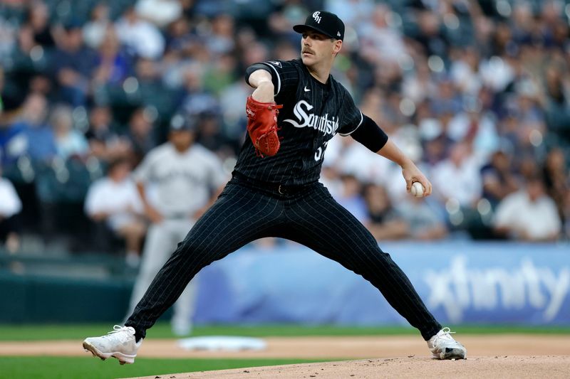 Aug 12, 2024; Chicago, Illinois, USA; Chicago White Sox pitcher Ky Bush (57) throws a pitch during the first inning against the New York Yankees at Guaranteed Rate Field. Mandatory Credit: Kamil Krzaczynski-USA TODAY Sports