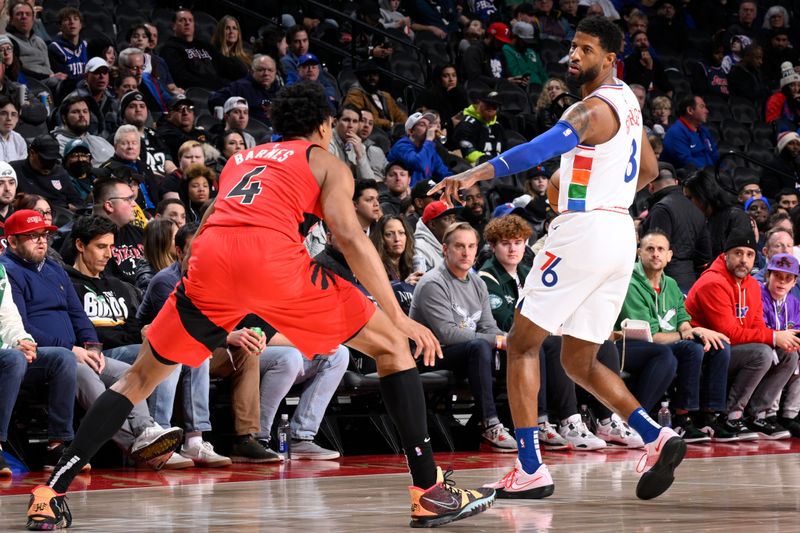 PHILADELPHIA, PA - FEBRUARY 11:   Paul George #8 of the Philadelphia 76ers dribbles the ball during the game against the Toronto Raptors on February 11, 2025 at the Wells Fargo Center in Philadelphia, Pennsylvania NOTE TO USER: User expressly acknowledges and agrees that, by downloading and/or using this Photograph, user is consenting to the terms and conditions of the Getty Images License Agreement. Mandatory Copyright Notice: Copyright 2025 NBAE (Photo by David Dow/NBAE via Getty Images)