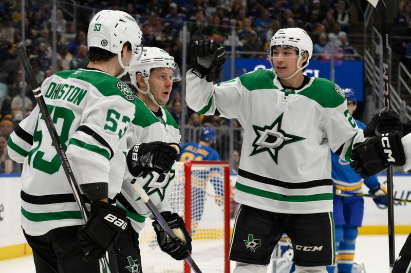 Jan 25, 2025; St. Louis, Missouri, USA; Dallas Stars right wing Evgenii Dadonov (63) celebrates with teammates after scoring a goal against against the St. Louis Blues during the first period at Enterprise Center. Mandatory Credit: Jeff Le-Imagn Images