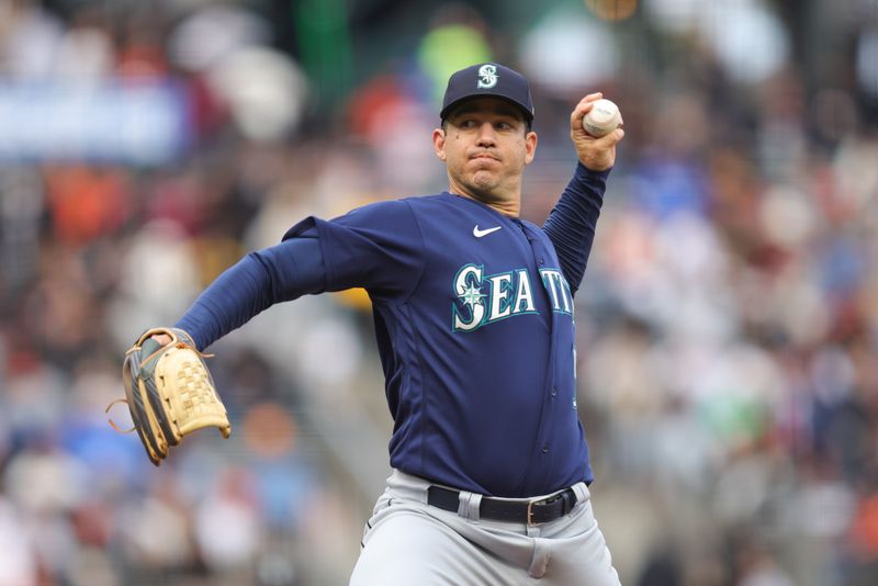 Jul 5, 2023; San Francisco, California, USA; Seattle Mariners starting pitcher Tommy Milone (53) throws a pitch during the first inning against the San Francisco Giants at Oracle Park. Mandatory Credit: Sergio Estrada-USA TODAY Sports