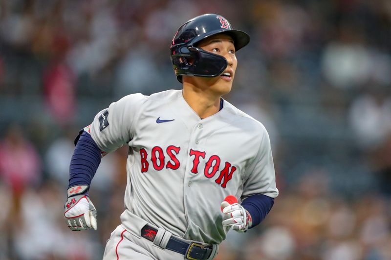 May 20, 2023; San Diego, California, USA;  Boston Red Sox designated hitter Masataka Yoshida (7) watches the ball fly as he doubles in the first inning against the San Diego Padres at Petco Park. Mandatory Credit: David Frerker-USA TODAY Sports