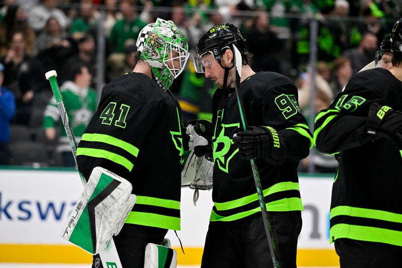 Jan 10, 2024; Dallas, Texas, USA; Dallas Stars goaltender Scott Wedgewood (41) hugs center Matt Duchene (95) after the Stars defeat the Minnesota Wild at the American Airlines Center. Mandatory Credit: Jerome Miron-USA TODAY Sports