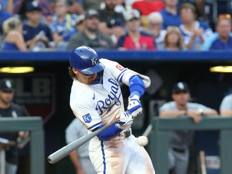 Jul 20, 2024; Kansas City, Missouri, USA; Kansas City Royals shortstop Bobby Witt Jr. (7) hits a single against the Chicago White Sox during the eighth inning at Kauffman Stadium. Mandatory Credit: Scott Sewell-USA TODAY Sports