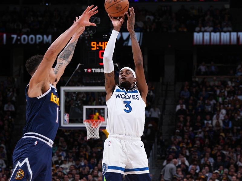 DENVER, CO - APRIL 10: Jaden McDaniels #3 of the Minnesota Timberwolves shoots the ball during the game against the Denver Nuggets on April 10, 2024 at the Ball Arena in Denver, Colorado. NOTE TO USER: User expressly acknowledges and agrees that, by downloading and/or using this Photograph, user is consenting to the terms and conditions of the Getty Images License Agreement. Mandatory Copyright Notice: Copyright 2024 NBAE (Photo by Garrett Ellwood/NBAE via Getty Images)