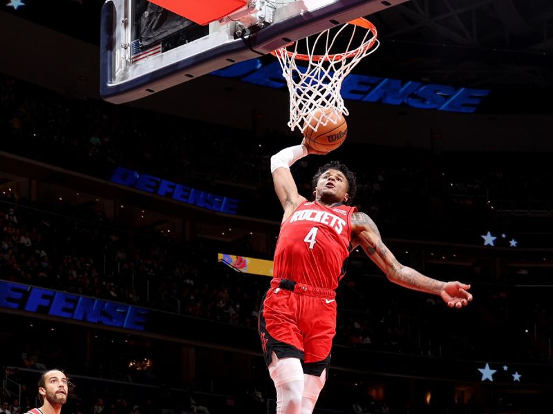 WASHINGTON, DC -? APRIL 9: Jalen Green #4 of the Houston Rockets drives to the basket against the Washington Wizards on April 9, 2023 at Capital One Arena in Washington, DC. NOTE TO USER: User expressly acknowledges and agrees that, by downloading and or using this Photograph, user is consenting to the terms and conditions of the Getty Images License Agreement. Mandatory Copyright Notice: Copyright 2023 NBAE (Photo by Stephen Gosling/NBAE via Getty Images)