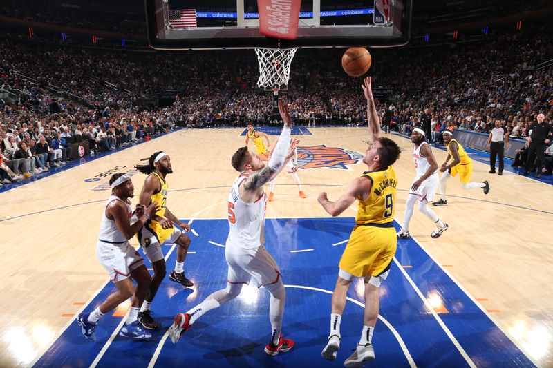 NEW YORK, NY - MAY 19: T.J. McConnell #9 of the Indiana Pacers drives to the basket during the game  against the New York Knicks during Round 2 Game 7 of the 2024 NBA Playoffs on May 19, 2024 at Madison Square Garden in New York City, New York.  NOTE TO USER: User expressly acknowledges and agrees that, by downloading and or using this photograph, User is consenting to the terms and conditions of the Getty Images License Agreement. Mandatory Copyright Notice: Copyright 2024 NBAE  (Photo by Nathaniel S. Butler/NBAE via Getty Images)