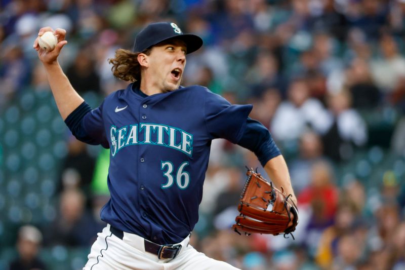 Aug 27, 2024; Seattle, Washington, USA; Seattle Mariners starting pitcher Logan Gilbert (36) throws against the Tampa Bay Rays during the third inning at T-Mobile Park. Mandatory Credit: Joe Nicholson-USA TODAY Sports