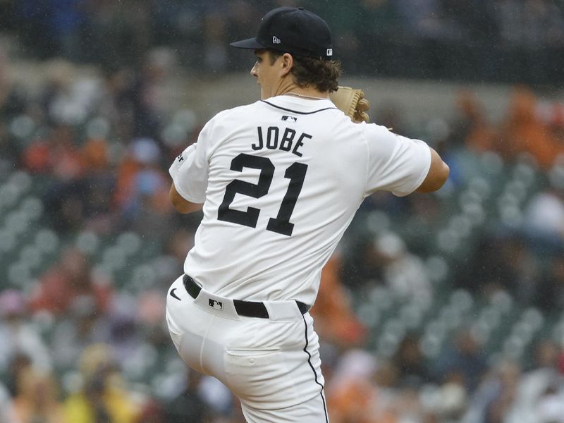 Sep 28, 2024; Detroit, Michigan, USA; Detroit Tigers pitcher Jackson Jobe (21) throws during the third inning against the Chicago White Sox at Comerica Park. Mandatory Credit: Brian Bradshaw Sevald-Imagn Images