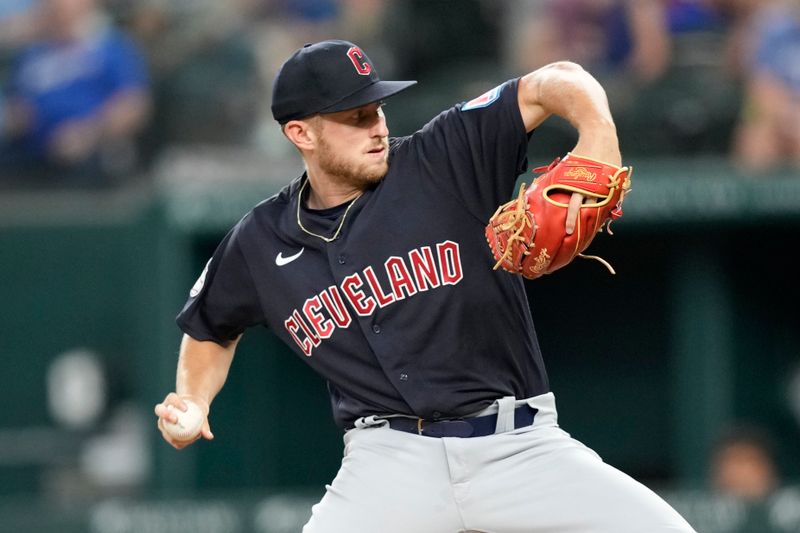 Jul 16, 2023; Arlington, Texas, USA; Cleveland Guardians starting pitcher Tanner Bibee (61) delivers a pitch to the Texas Rangers during the first inning at Globe Life Field. Mandatory Credit: Jim Cowsert-USA TODAY Sports