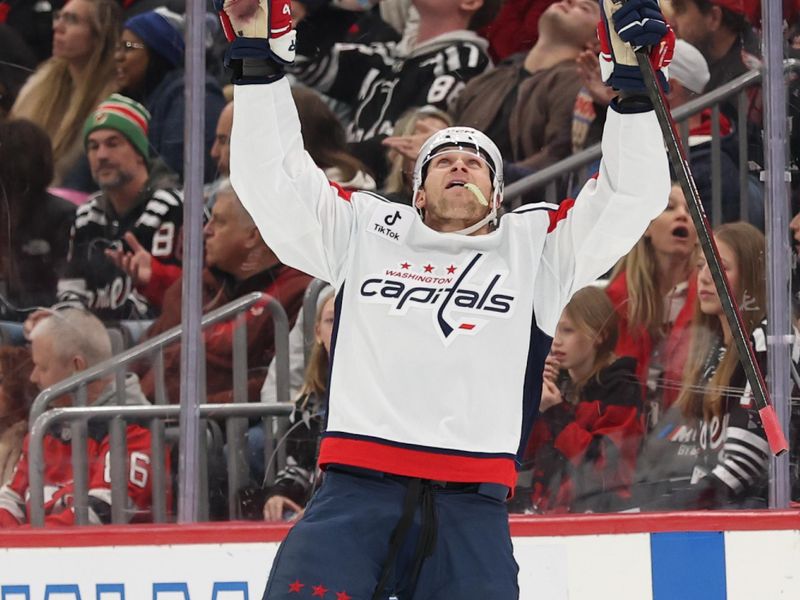 Dec 27, 2025; Newark, New Jersey, USA; Washington Capitals defenseman Jakob Chychrun (6) celebrates his game winning goal against the New Jersey Devils in overtime at Prudential Center. Mandatory Credit: Ed Mulholland-Imagn Images Dec 27, 2025; Newark, New Jersey, USA; Washington Capitals defenseman Jakob Chychrun (6) celebrates his game winning goal against the New Jersey Devils in overtime at Prudential Center. Mandatory Credit: Ed Mulholland-Imagn Images