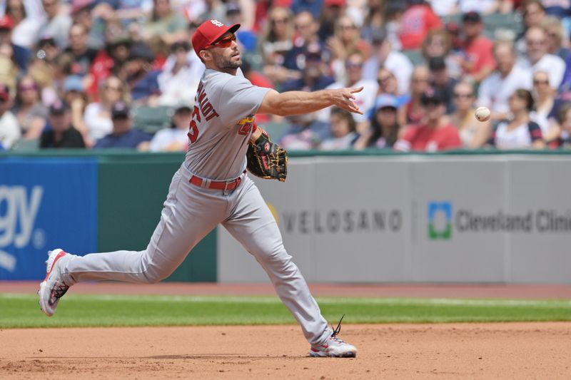 May 28, 2023; Cleveland, Ohio, USA; St. Louis Cardinals first baseman Paul Goldschmidt (46) throws to first to force out Cleveland Guardians second baseman Tyler Freeman (not pictured) during the fourth inning at Progressive Field. Mandatory Credit: Ken Blaze-USA TODAY Sports