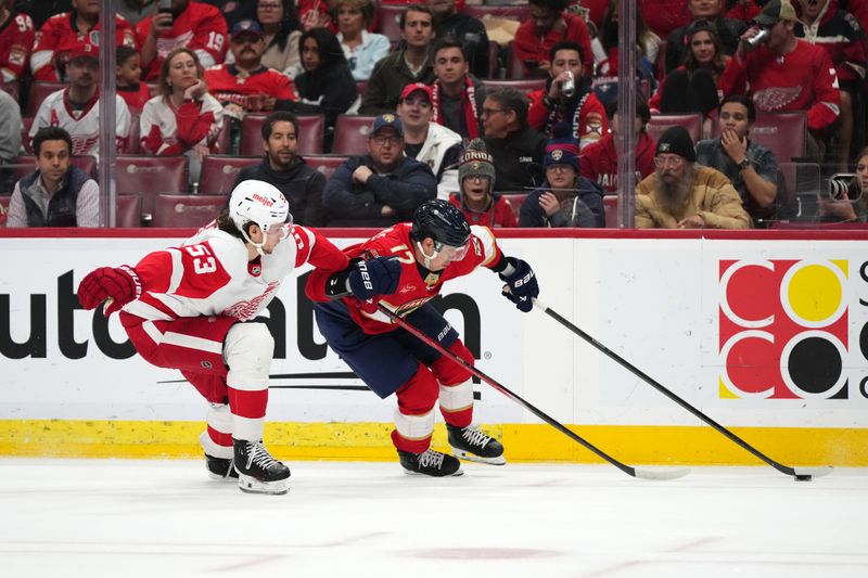 Jan 17, 2024; Sunrise, Florida, USA; Detroit Red Wings defenseman Moritz Seider (53) and Florida Panthers center Evan Rodrigues (17) battle for the puck during the second period at Amerant Bank Arena. Mandatory Credit: Jasen Vinlove-USA TODAY Sports